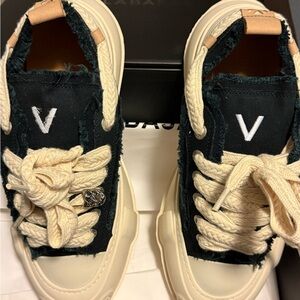 Black and Cream High-Top Sneakers with Unique Laces